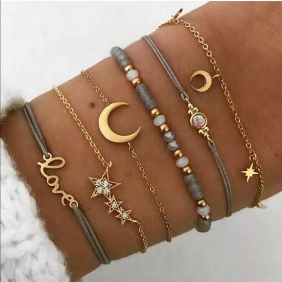 Grey star moon fashion jewelry set of 6 bracelets